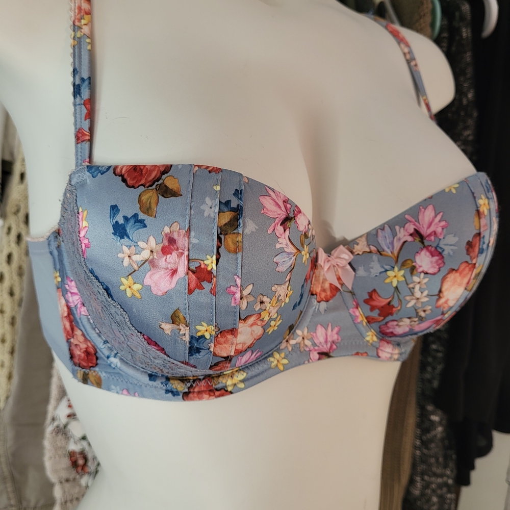 Blue and Pink Floral Balconette Bra with Underwire